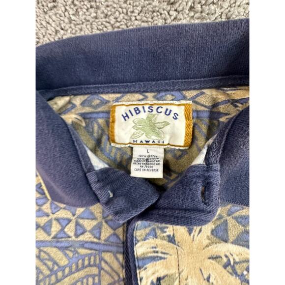 VINTAGE Hibiscus Hawaiian Shirt Mens Large Green Blue Floral Aztec Polo FLAW - Picture 5 of 12